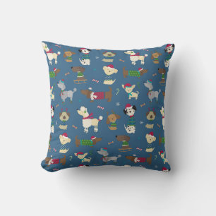 Coussin Chiens de Noël mignons Motif de dessin en bleu