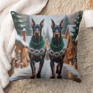 Coussin Chiens Doberman Noël Neige Vacances