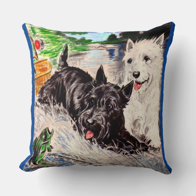 Coussin Chiens écossais Blackie et Whitie Fishing (Recto)