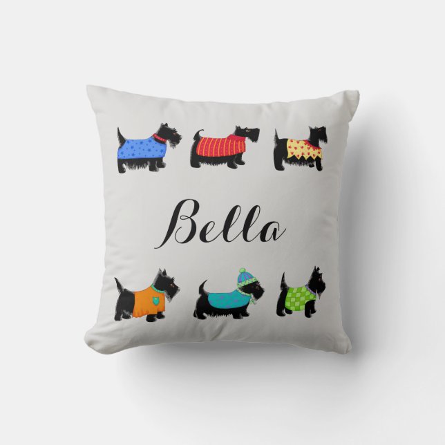 Coussin Chiens écossais noirs Nom Décoratif personnalisé (Recto)