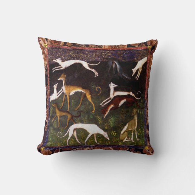 Coussin Chiens médiévaux de lévrier sur Paisley (Recto)