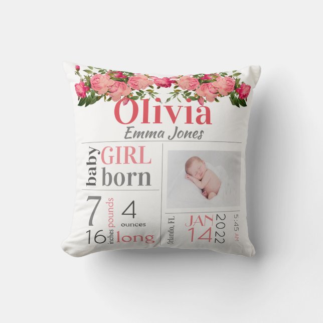 Coussin Chiffres de naissance de bébé rose et Pêcher Flora (Recto)