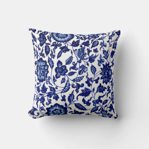 Coussin Chinois bleu marine foncé motif floral sur blanc