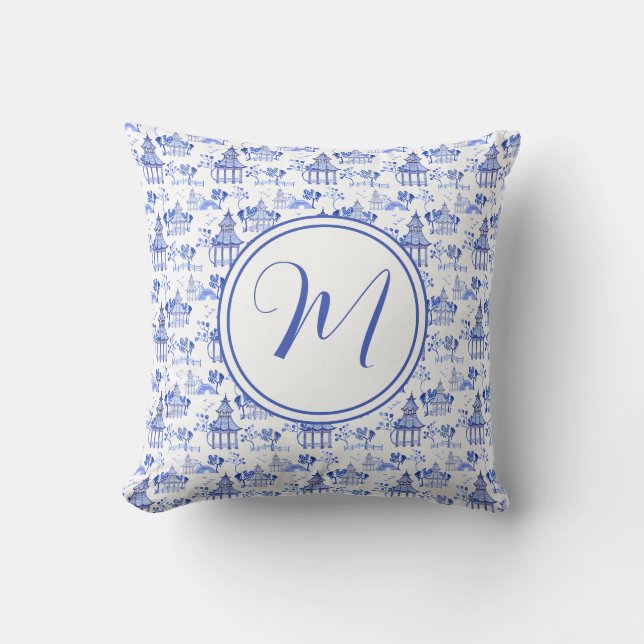 Coussin Chinoiserie Aquarelle Pagode Motif Monogramme (Recto)