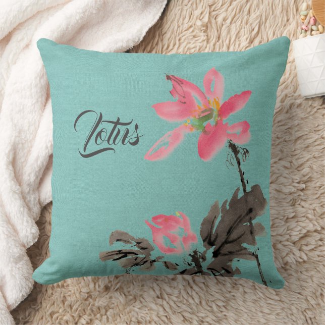 Coussin Chinoiserie Aquarelle peinture Floral Lotus Green (Couverture)