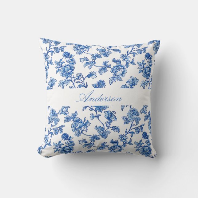 Coussin Chinoiserie bleu et blanc Nom personnalisé (Recto)
