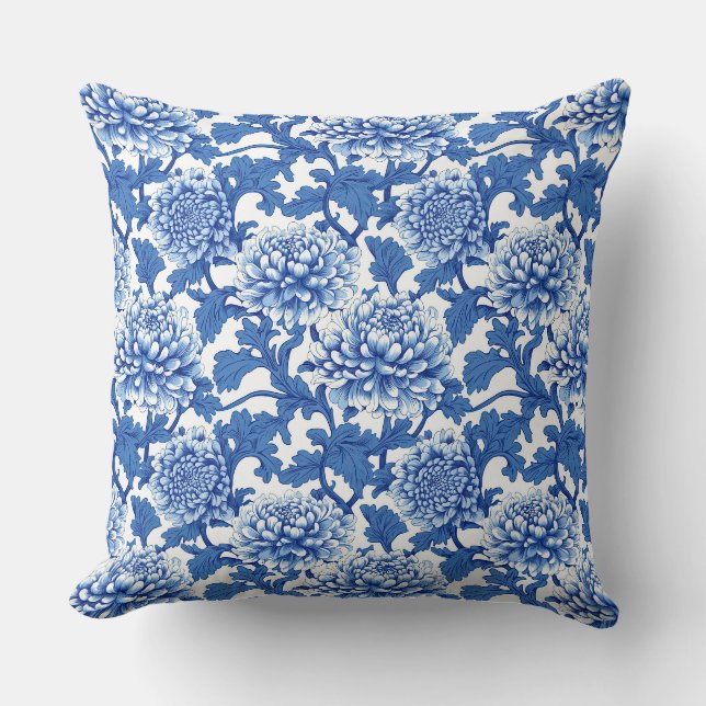Coussin Chinoiserie bleu et blanc Peony Floral (Recto)