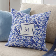 Chinoiserie bleue à motif floral et oiseau monogra