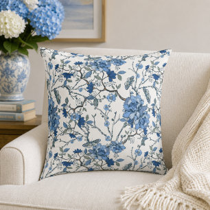 Coussin Chinoiserie Bleue Floral Botanique Vintage