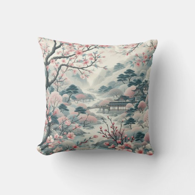 Coussin Chinoiserie Cherry Blossom Garden Motif de pagode (Recto)