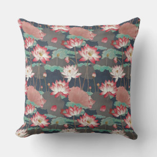 Coussin Chinoiserie Élégante Fleur de Lotus Rouge et Marro
