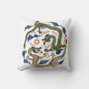 Coussin Chinoiserie Famille Verte Dragons 