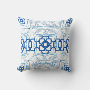Coussin Chinoiserie florale géométrique bleue et blanche