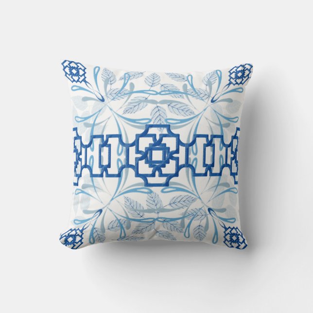 Coussin Chinoiserie florale géométrique bleue et blanche (Recto)