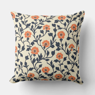 Coussin Chinoiserie florale moderne bleu marine et orange