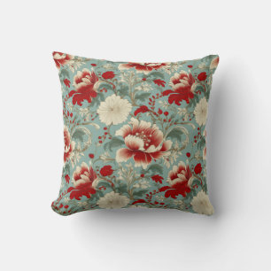 Coussin Chinoiserie florale rouge, crème et verte