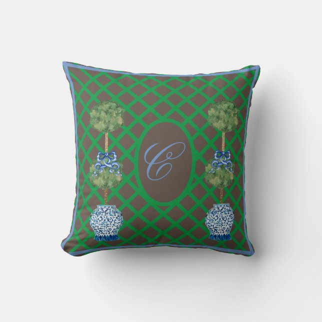 Coussin Chinoiserie Garden Topiary Ginger Jar Jars (Recto)