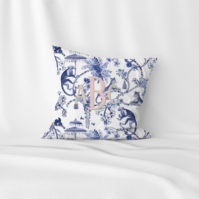 Coussin Chinoiserie Jungle Toile | Monogramme bleu et blan (Créateur téléchargé)