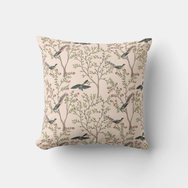 Coussin Chinoiserie oiseaux et feuillage rose vif (Recto)