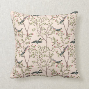 Coussin Chinoiserie oiseaux et feuillage rose vif