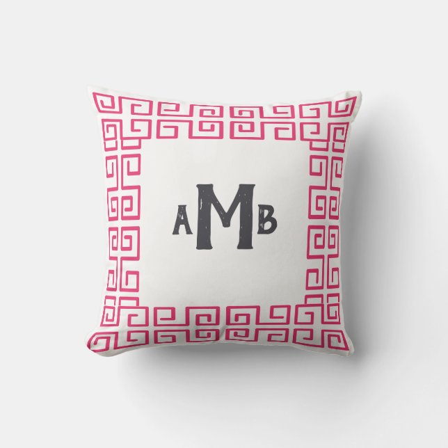 Coussin Chinoiserie rose Large Grèce Key Monogramme fronti (Recto)
