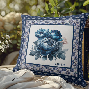 Coussin Chinoiserie Toile Florale Monogramme Bleu Élégant