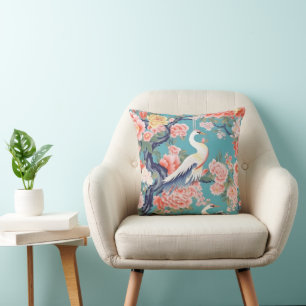 Coussin Chinoiserie Turquoise Floral Egret