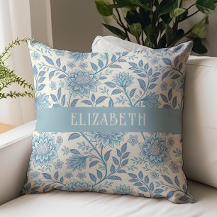 Coussin Chintz Floral Victorien Monogramme Nom Bleu
