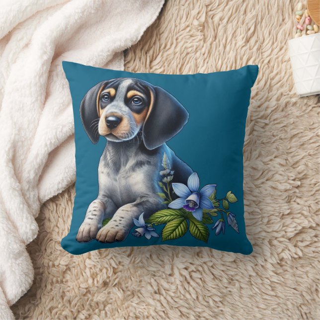 Coussin Chiot bleu Tick Hound avec Fleurs Bleues Delicate (Couverture)