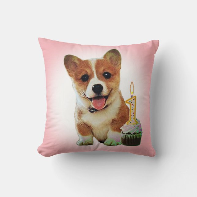Coussin Chiot de corgi et premier petit gâteau (Recto)