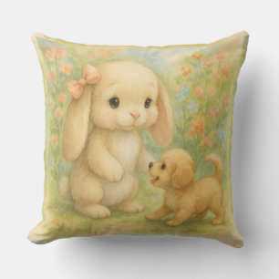 Coussin Chiot et lapin avec cou rose, aquarelle par Nat