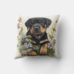 Coussin Chiot Rottweiler à l'aquarelle mignon