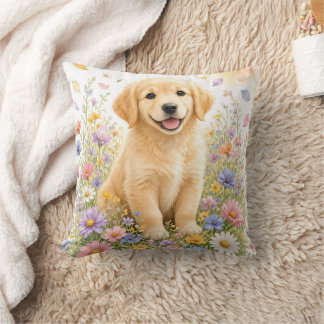 Coussin Chiots Retriever Doré dans les Fleurs Sauvages