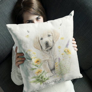 Coussin Chiots Retriever doré personnalisé dans les fleurs