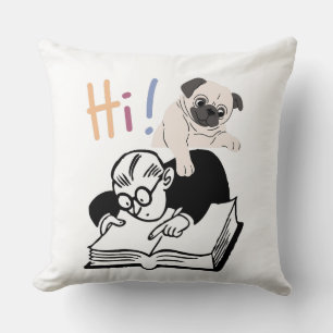 Coussin Chiou Pug Chiot et Homme Lisant un Livre Salutatio
