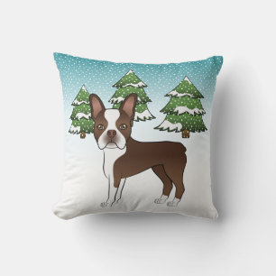 Coussin Chocolat Brown Boston Terrier Dans Une Forêt D'Hiv