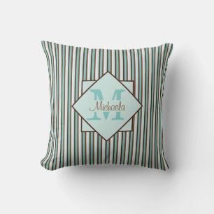 Coussin Chocolat Brown et pinte vert rayures Monogramme