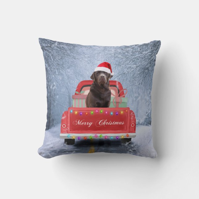 Coussin Chocolat Labrador Chien en neige à Noël (Recto)