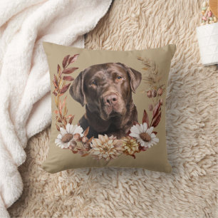 Coussin Chocolat Labrador Retriever Dog Autumn Wreath