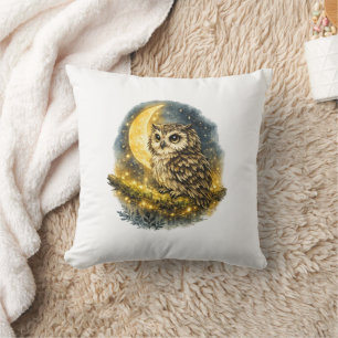 Coussin Chouette aquarelle mystique et croissant de lune d