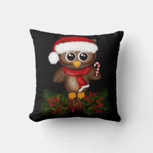 Coussin Chouette de Noël mignonne sur la branche de pin Je