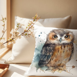 Coussin Chouette mignonne en aquarelle