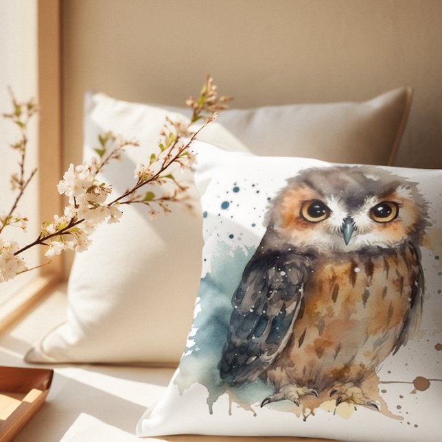 Coussin Chouette mignonne en aquarelle (Créateur téléchargé)