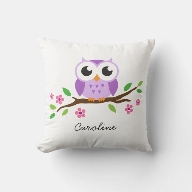 Coussin Chouette mignonne violette sur branche florale nom (Recto)