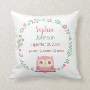 Coussin Chouette rose pâle et couronne de fleurs, petite p