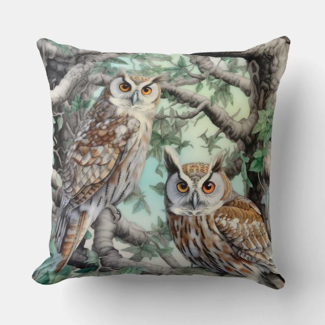 Coussin Chouettes aquarelles dans les arbres (Recto)