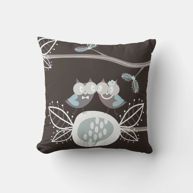 Coussin Chouettes de mariée Whimsical Mariage bleu Chouett (Recto)