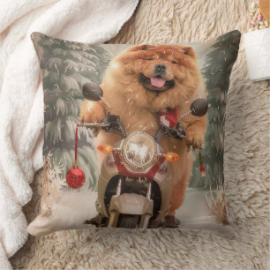 Coussin Chow Chow Chien chevauchant la moto Noël