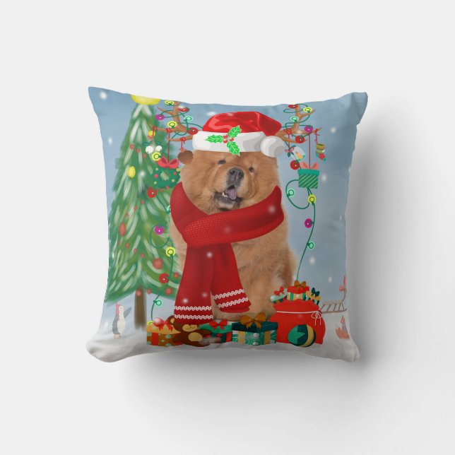 Coussin Chow Chow Chien en neige avec cadeaux de Noël (Recto)
