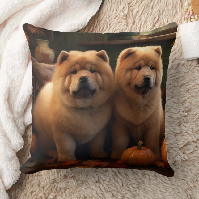 Coussin Chow Chow Chiot Automne Citrouille de plaisir (Couverture)
